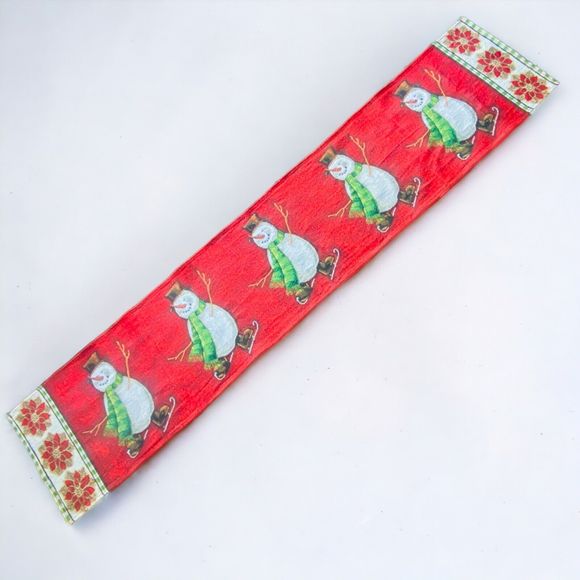 Snowman Christmas Table Runner Poinsettias  13.5 " x 68 “ Red Winter Ice Skating - Picture 1 of 4